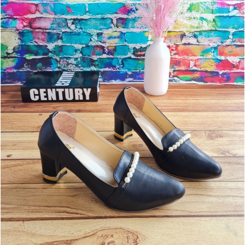 ABUSHOES EN 01 sepatu kerja untuk wanita Model Hak Tahu Model Mutiara Warna Hitam