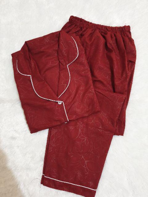Baju Tidur Piyama Pajamas Wanita/Cewek Satin Silky Velvet Cantik Simple Wanita Dewasa Full Kancing-CP EMBOS MAROON