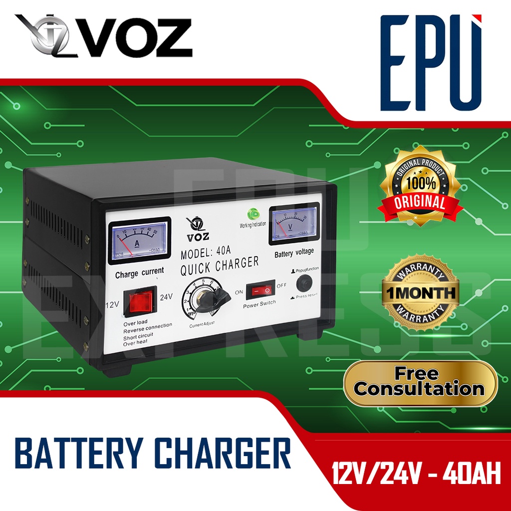 Voz Quick Charger Aki 40A 12v 24v Charge Accu Alat Cas Aki Motor Mobil