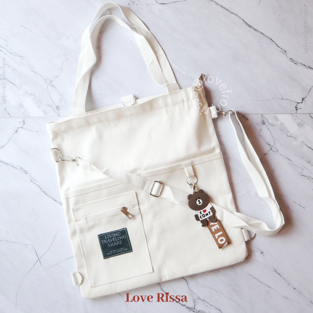 Tas Japanese Style Tas Selempang Tote Bag Ransel 3 in 1 Solid Color-White
