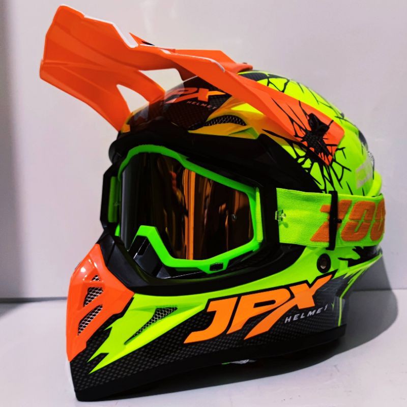 Helm Cross JPX Fox1 motif X34 Carbon Cracked Yellow Fluoroscent + goggle 100% Murah (2kg)