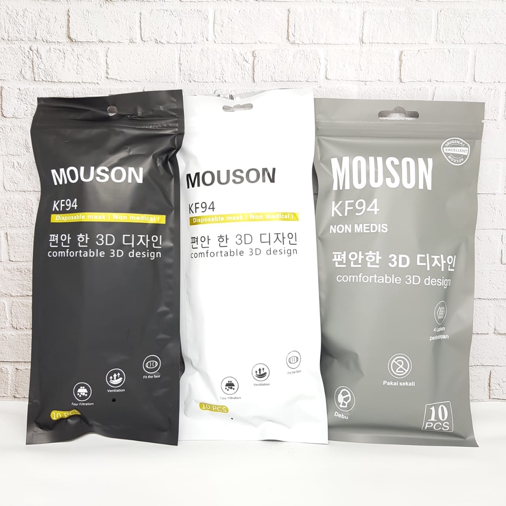 ENZ ® MASKER KF94 KF 94 MOUSON MODEL KOREA PREMIUM 4PLY 4 PLY HITAM PUTIH ABU 1 PACK ISI 10 PCS UKURAN DEWASA 1010