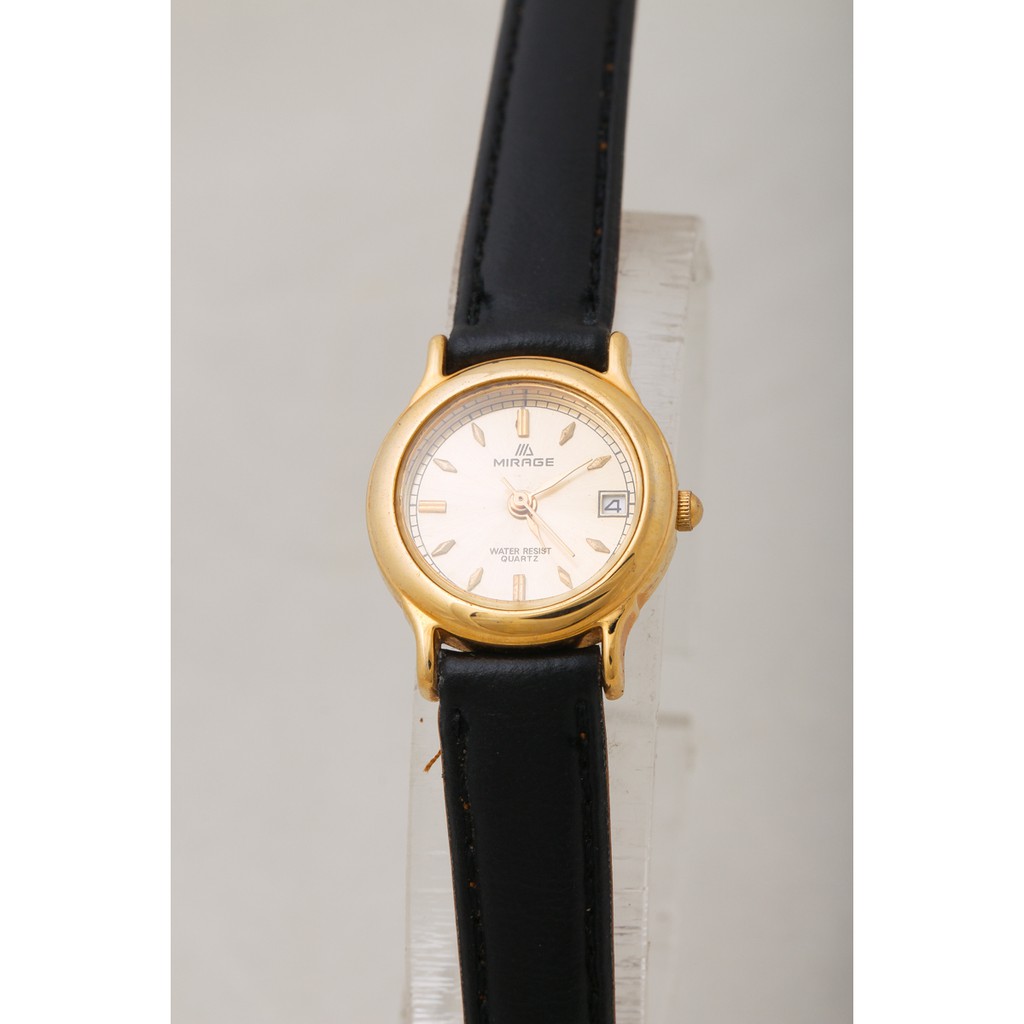 Jam Tangan Wanita MIRAGE Tali Kulit Hitam Case Gold Original