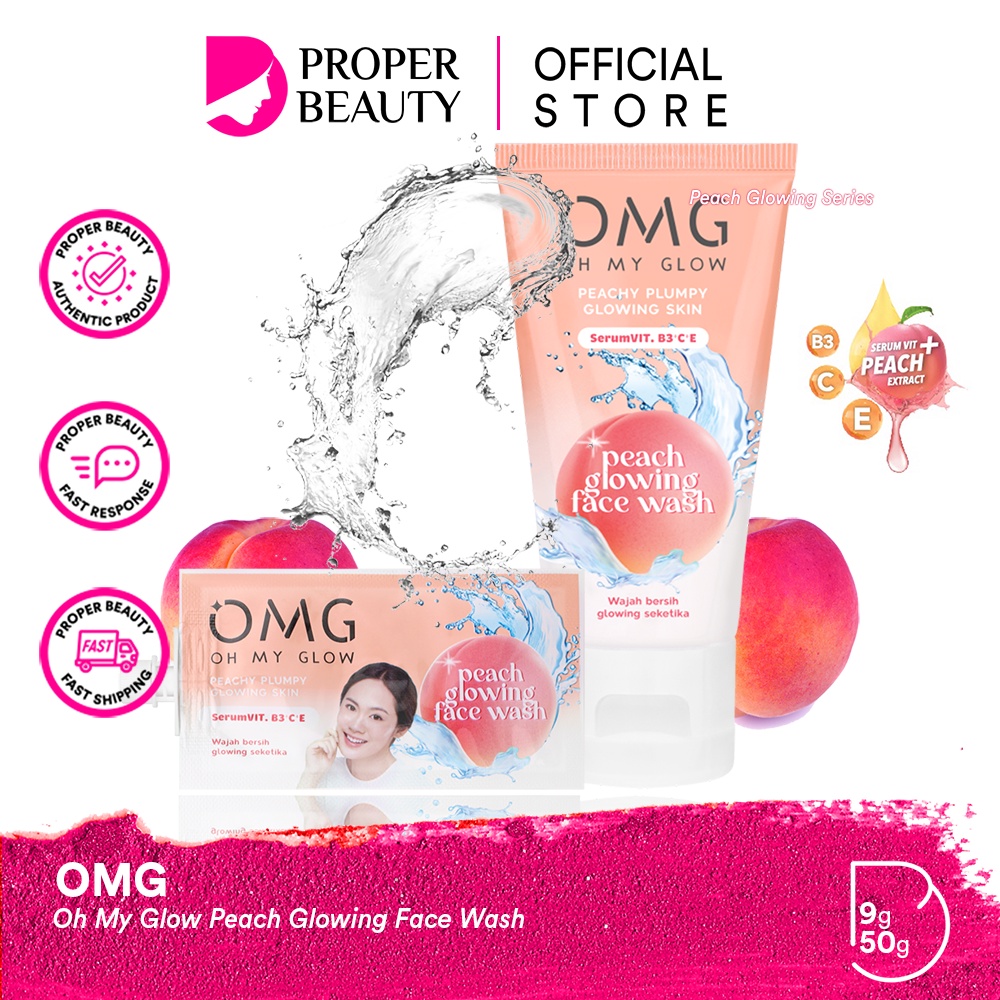 OMG Oh My Glow Peach Glowing Face Wash Indonesia / Pembersih Wajah 50gr / Skincare Face Care / Facial Cleanser Essence Toner Serum Day Night Eye Cream Moisturizer Sunscreen Mask / Body Lotion / Make Up Glam Foundation Lip Cream / Brightening Acne Paket