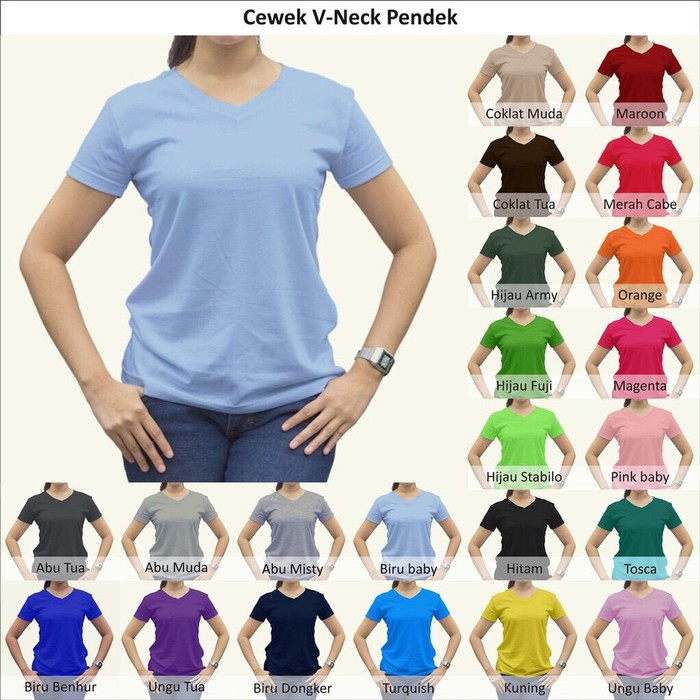 kaos V neck polos wanita lengan pendek XL - Hitam