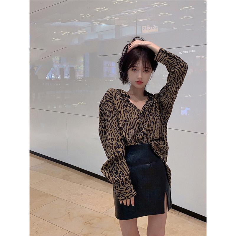 Leopard Print Kemeja Wanita Longgar Hong Kong Gaya Retro Lengan Panjang Jaket Awal Musim Gugur Gaya Malas Super Hot Goreng Street Chic Temperamen Top