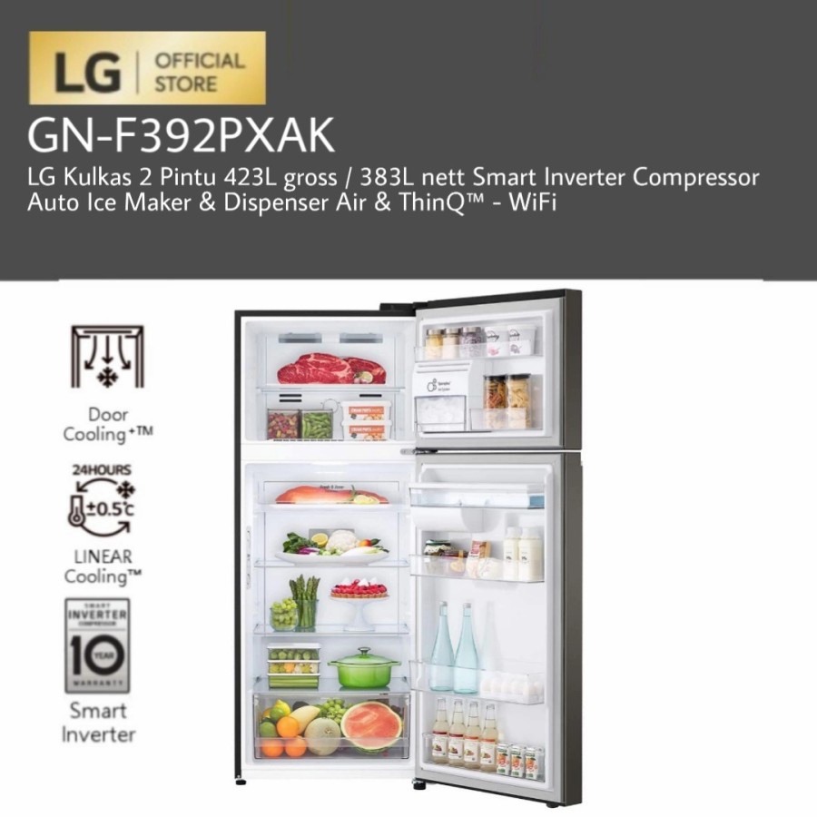 LG GN-F392PXAK Kulkas 2 Pintu 423L Auto Ice Maker