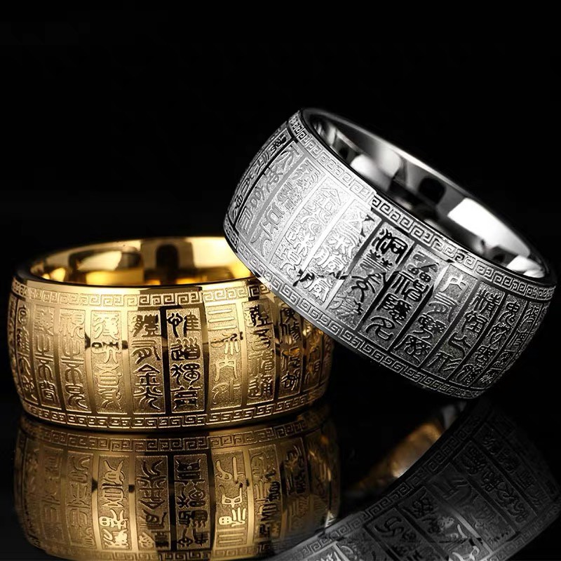 Taoist Seal Body Golden Light Mantra Cincin Delapan Mantra Besar Perlindungan Tubuh Pria Versi Lebar Cincin Cincin Unik Trendi Aksesoris Pria Cincin