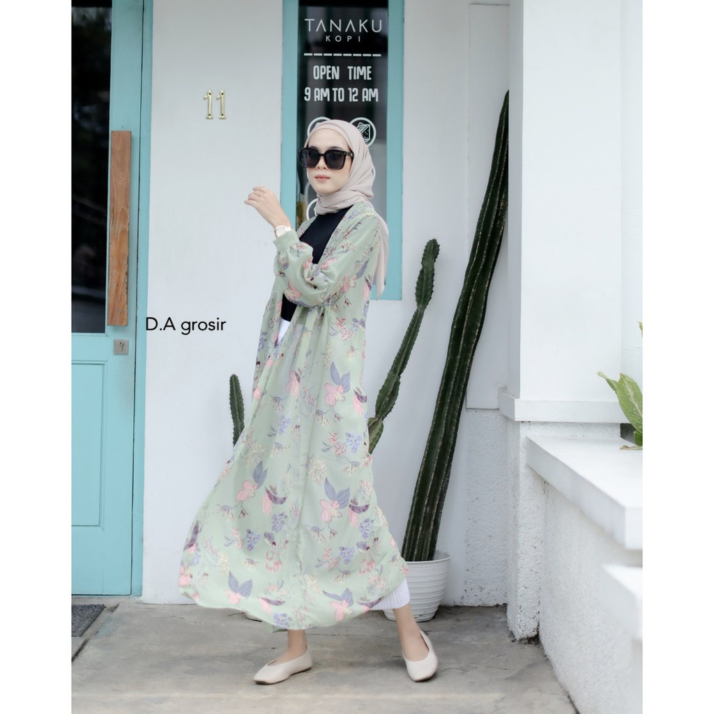 Zora Long Cardy Ceruty Babydoll Premium Long Outer Dress Muslim OOTD Hijab-green / hijau muda