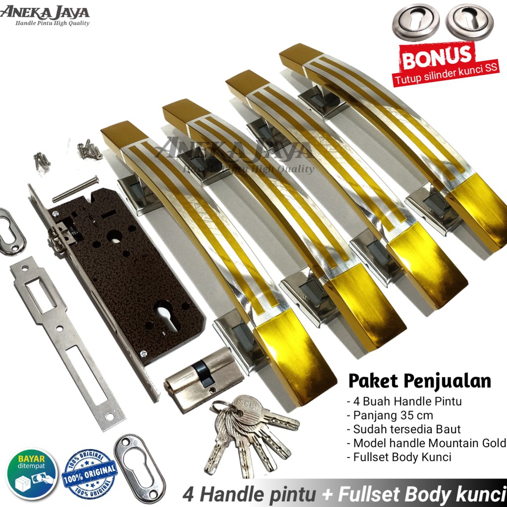 Handle set kunci panjang 35 cm warna kuning emas Gagang Pintu kupu tarung Tarikan pintu rumah mewah