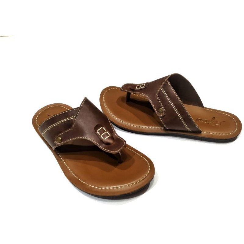 sandal kulit sapi asli garut untuk pria model capit besar variasi jahit