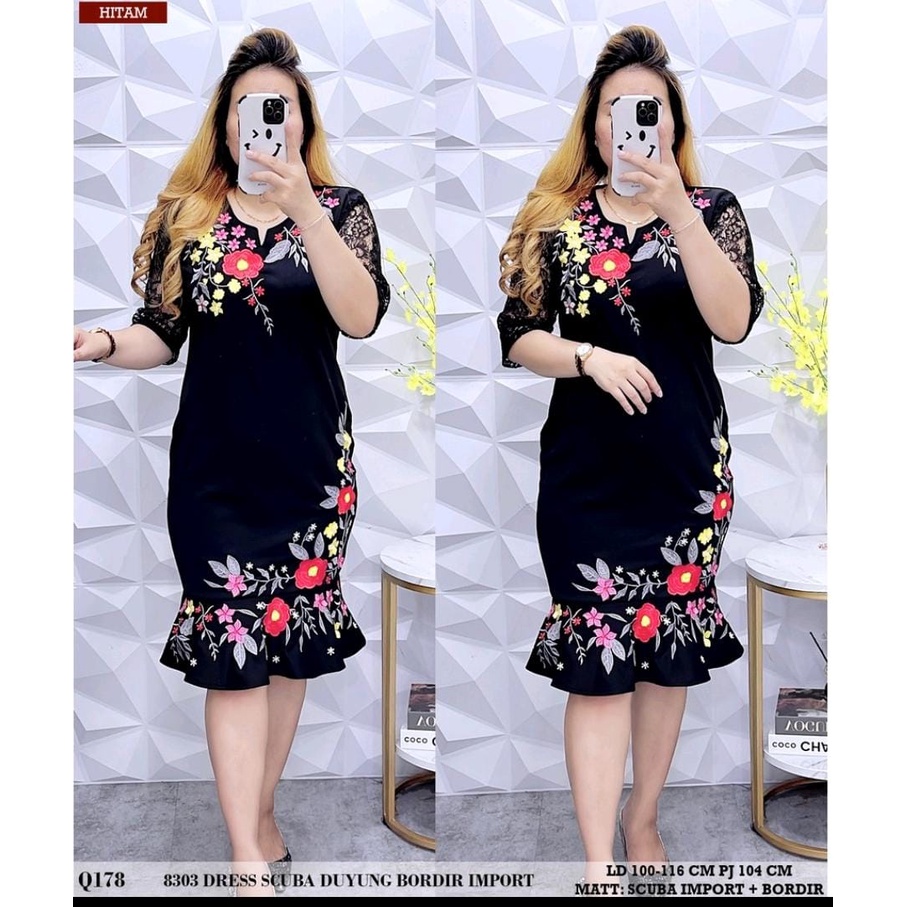 Dress 8303 Okky wanita original bordir motif bunga-bunga bahan scuba import dan brukat