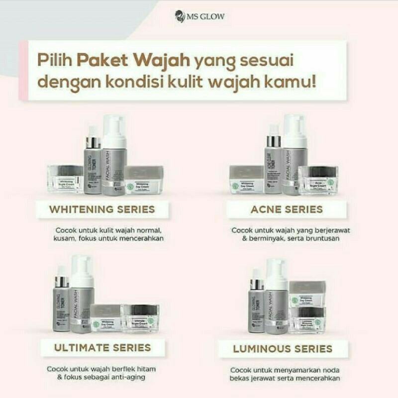 PAKET WAJAH MS GLOW LENGKAP BB Cream dan Day Cream( whitening, luminous, ultimate, acne