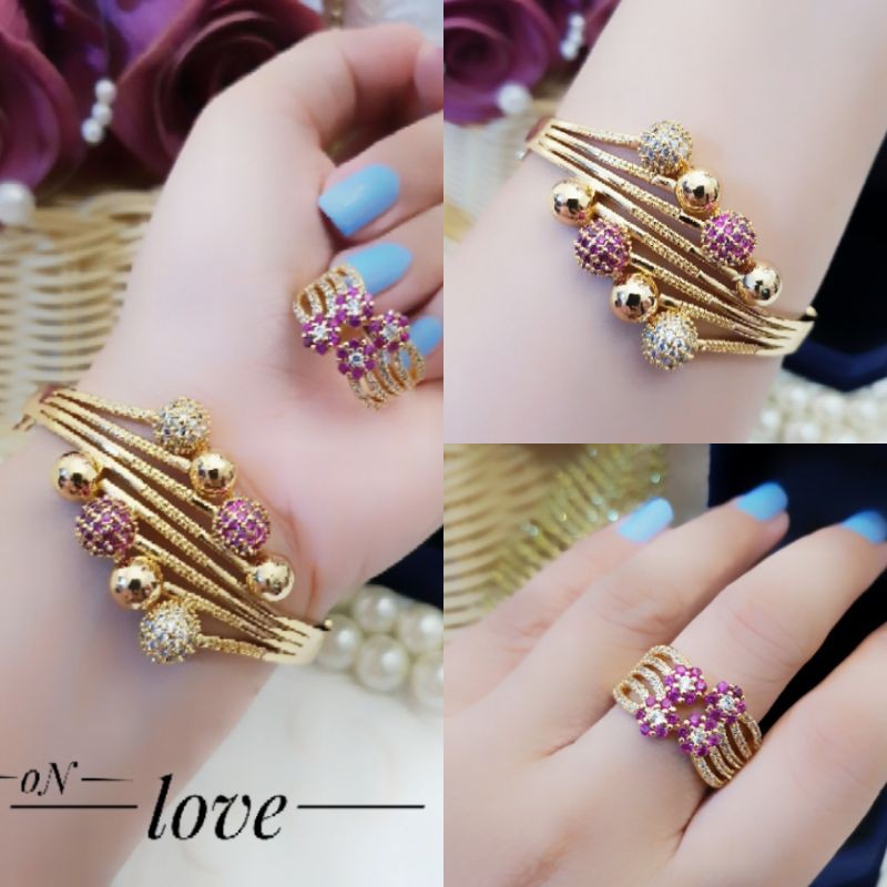 (MAR) Set Perhiasan Lapis Emas Xuping Gelang Cincin Permata Ranting Pentol Ungu Gold Mewah Titanium