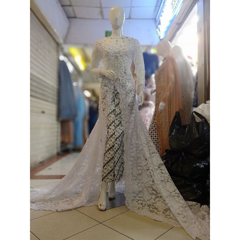 kebaya akad pengantin full payet putih bersih Dan putih tulang