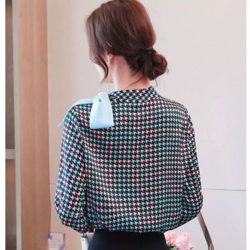 MDLV ~ BM 8828 MAIA HOUNDSROOTH TIE-NECK // FASHION IMPORT WANITA
