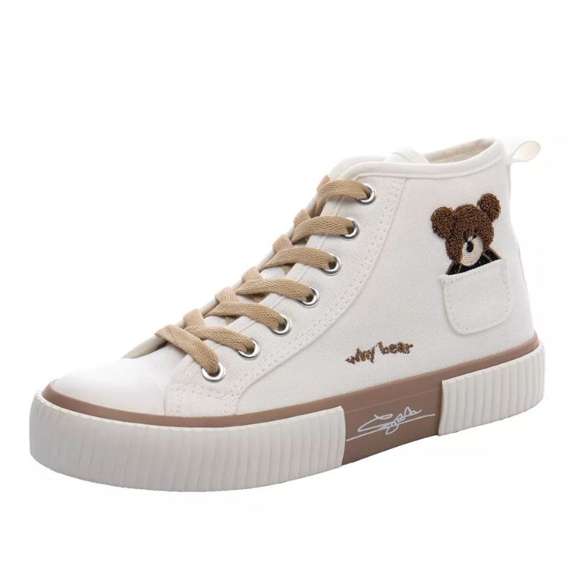 TOKODISNA - SEPATU SNEAKERS KOREA WANITA TEDDY BEAR LUCU (BOOTS) 02-Putih tali Cokelat