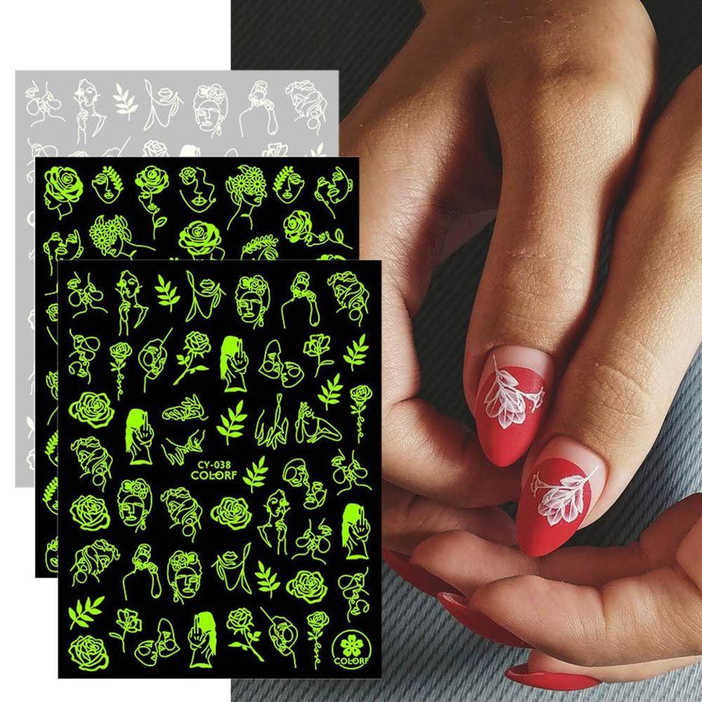 Solighter 3D Stiker Kuku Nail Art Dekorasi Slider Glow in the Dark Wajah Abtrak