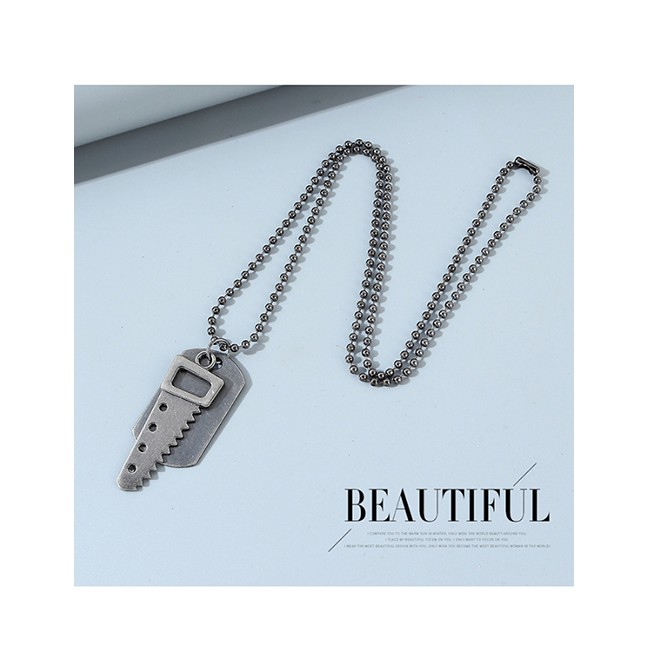 LRC Kalung Fashion Silver Small Saw Geometric Bead Chain Mens Necklace Y64699