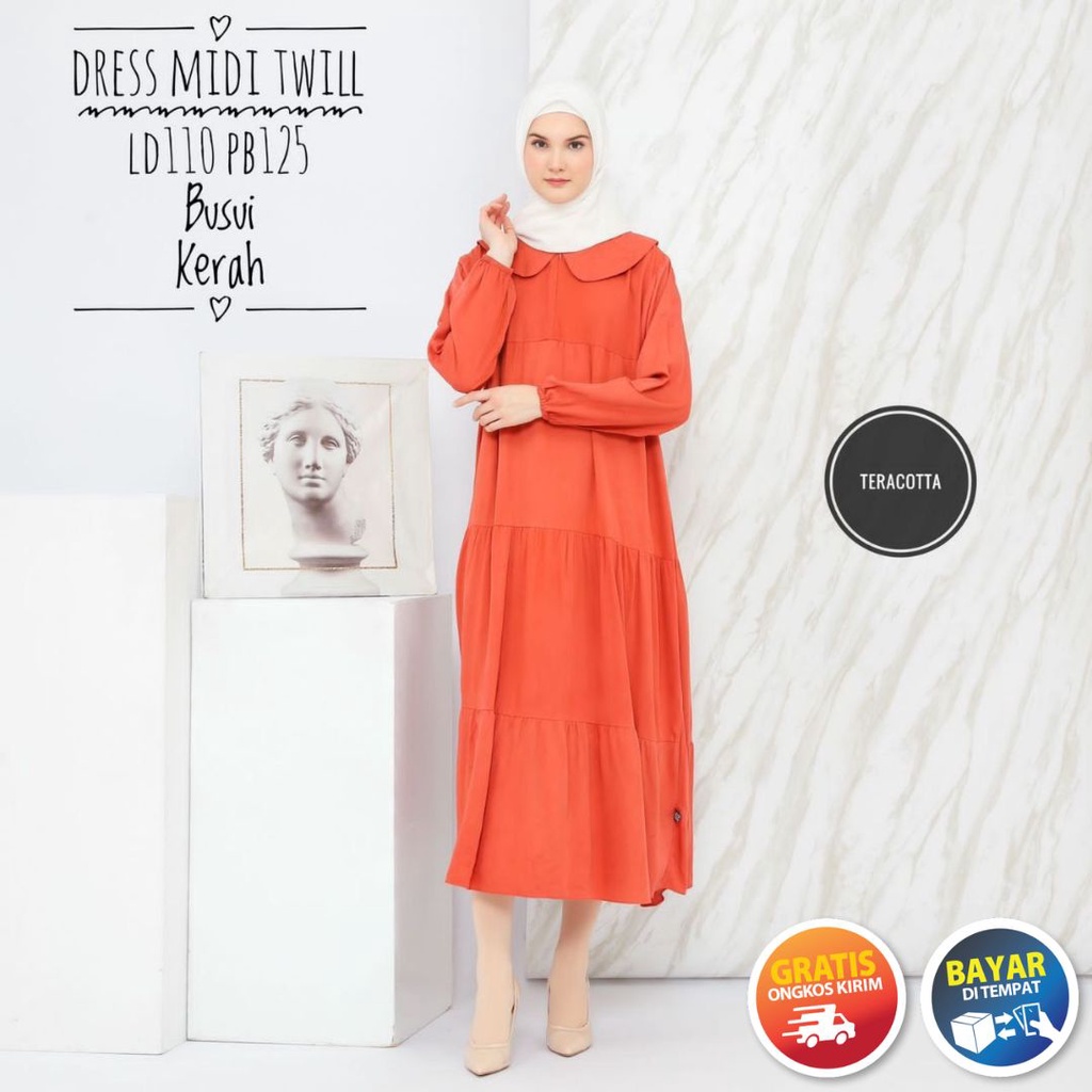 Baju Daster Dress Midi Wanita Kekinian Modern Terbaru Lengan Panjang Motif Polos Twill Ori Pekalonga