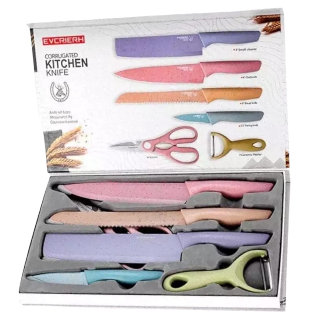 Pisau Gunting Set 6 in 1 Everrich Bahan Keramik / Pisau Set Dapur Serbaguna 6 in 1 EVCRIERH Jerami/ Pisau Warna Warni Anti Karat