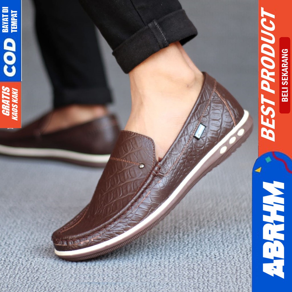 BRITANIC Sepatu Slip On Pria Kulit Asli Sepatu Pria Casual Pantofel Kulit Croco Sepatu Kasual Cowok / Cowo Kerja Kantor Kondangan Anti Slip Gaya Keren Kekinian