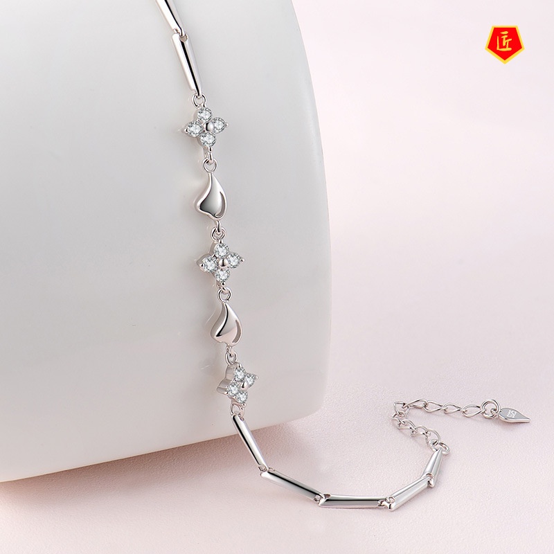 [Ready Stock]Fashion Four-Leaf Clover Diamond Heart-Shaped Bracelet