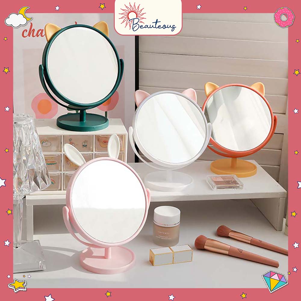 Cermin Kaca Meja Rias Bulat Motif Telinga Kucing Kelinci Cermin Meja Make Up