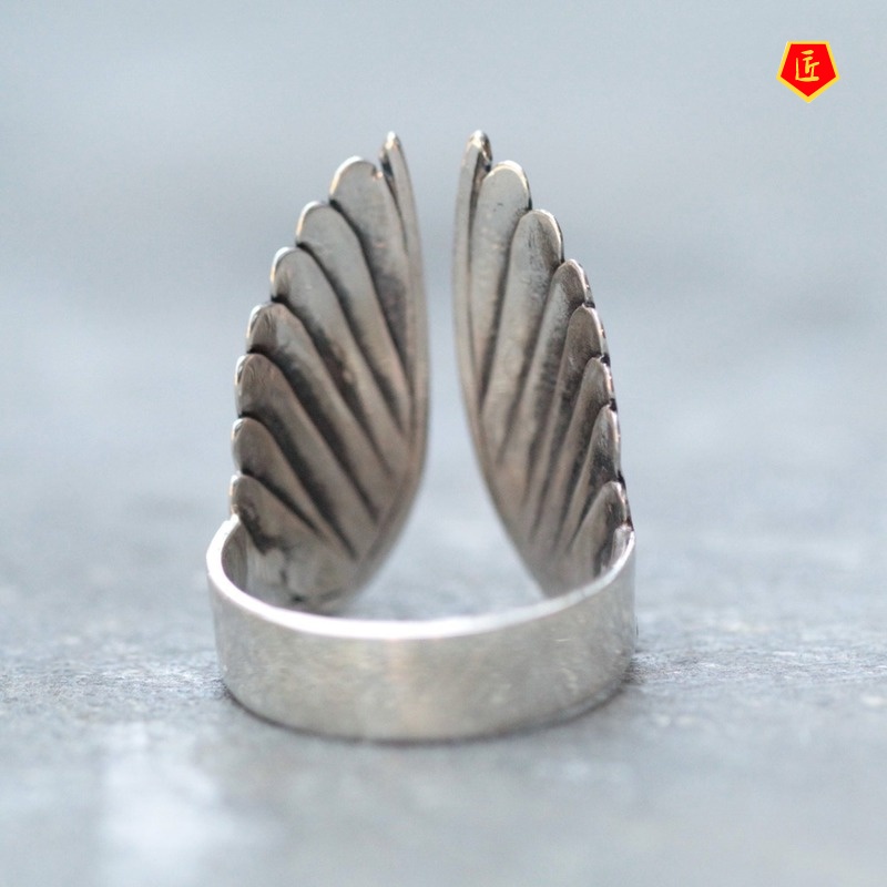 [Ready Stock]Retro Personalized Silver Angel Wings Ring