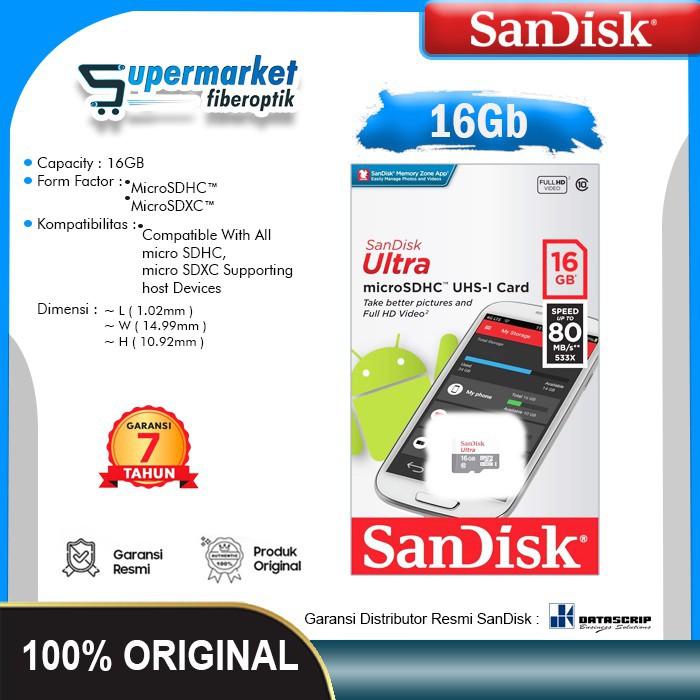 MicroSD Sandisk Ultra 16GB Class10 80Mb/s Kartu Memori Hp 16 GB SDHC ORIGINAL