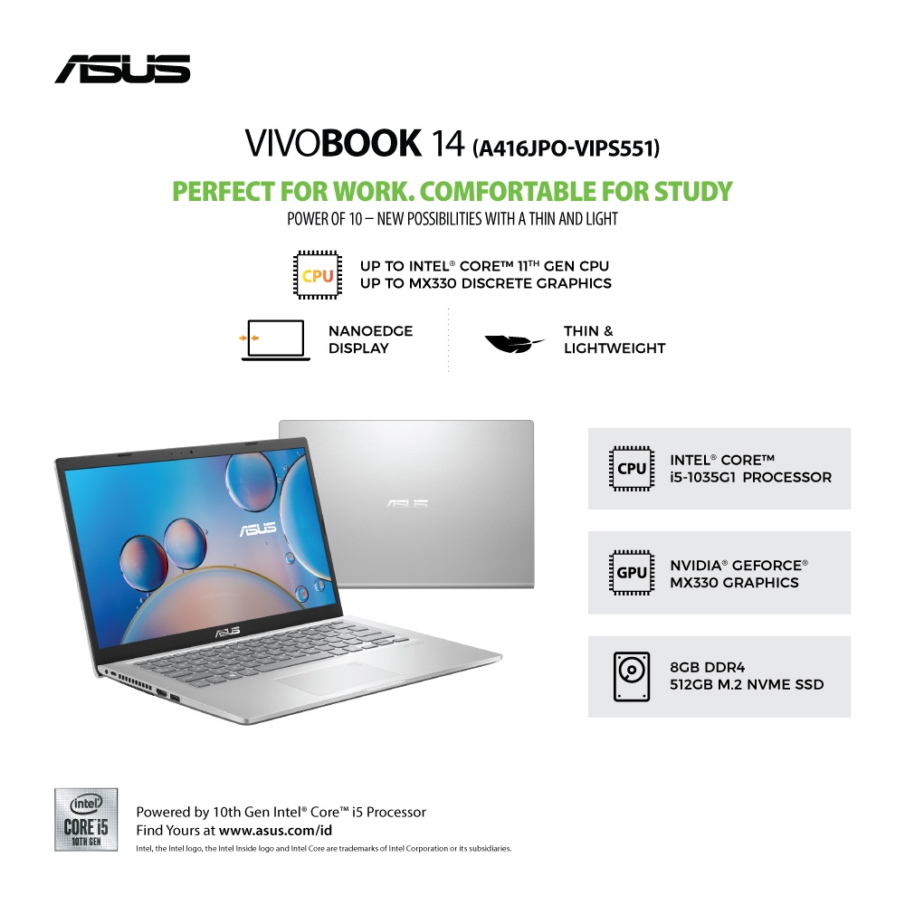 Asus A416JPO-VIPS551 Core i5-1135G7 /MX330 / 512G / 8GB / Transparant Silver /14" VIPS / WIN10 OHS