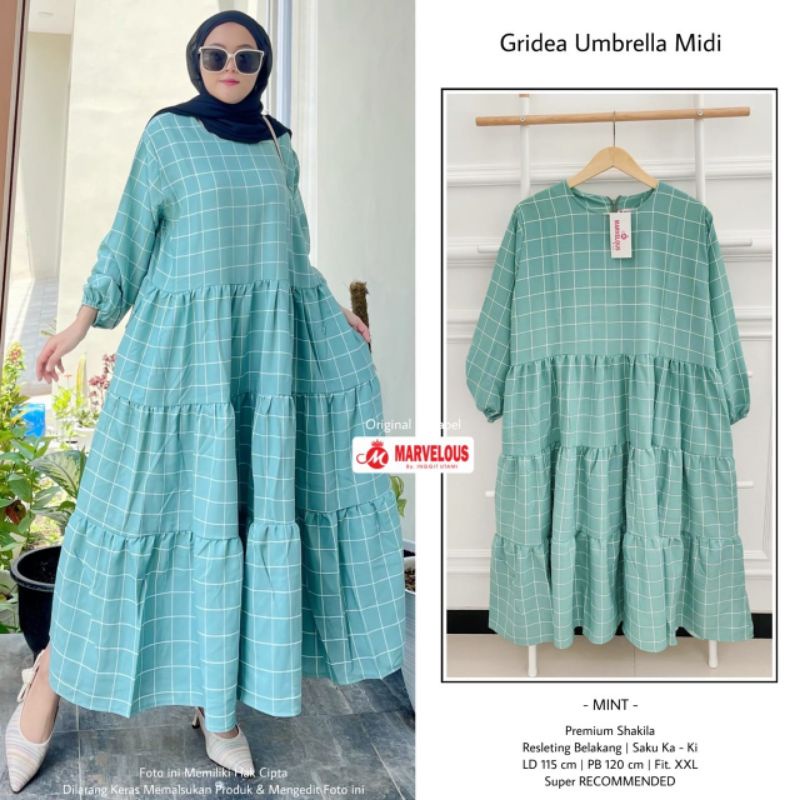 GRIDEA UMBRELLA MIDI BY MARVELOUS / GAMIS MIDI WANITA MUSLIMAH / Midi dress kotak-kotak Kekinian premium