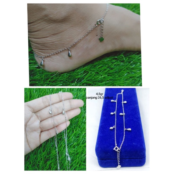 gelang kaki rantai nori +7m.tears polos/ gelang kaki perak asli silver 925 lapis emas