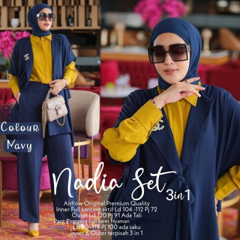 Nadia Set 3 In 1 By MOVE ON • Setelan Wanita • Atasan Blouse Tunik Cardigan Outer Celana Panjang Wan