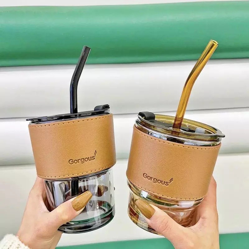 (BOW) Gelas Kopi Tumbler Kaca Susu Teh Aesthetic Gelas Minum Bening Dengan Kulit Case Anti Panas