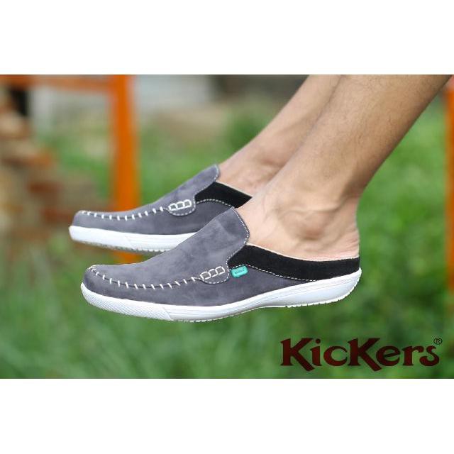Sandal Selop Bustong Slop Pria Kickers Stiching Suede Abu Sepatu Fashion Laki