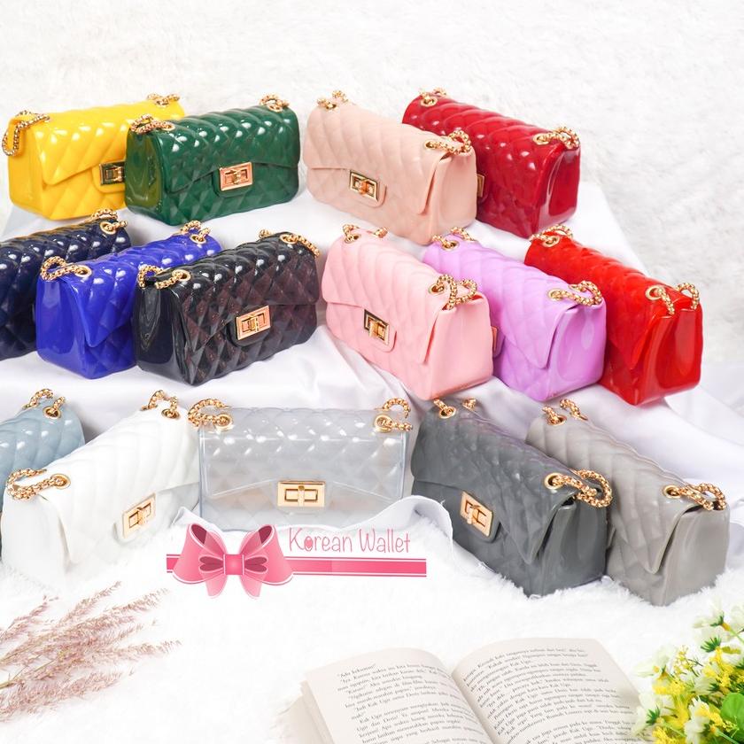 ✺ TAS WANITA JELLY GLOSSY IMPORT RANTAI EMAS SIZE 18 CM | RANTAI GOLD ➮