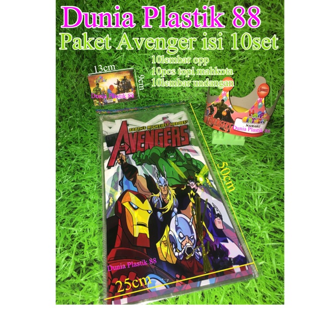 isi10SET PAKET tema AVENGER ulang tahun ultah OPP 25x50cm + topi mahkota + undangan