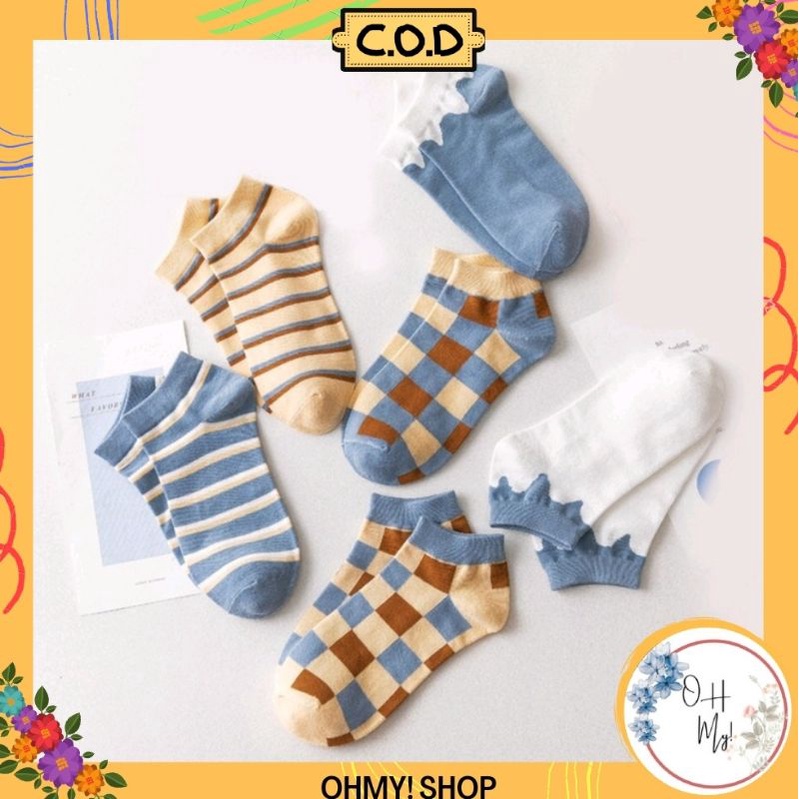 [ COD ] Kaos Kaki Wanita Pria Motif Kotak Catur Garis Polos Simple New Fashion Korean Style Socks Breathable Gaya Korea / Kaos Kaki Pendek Unkle Sock-3