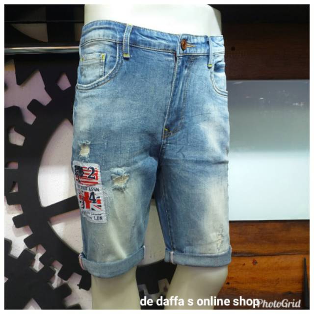 Celana Pendek Jeans Import Pria Stretch DF 1 Fashion Sobek Tambal