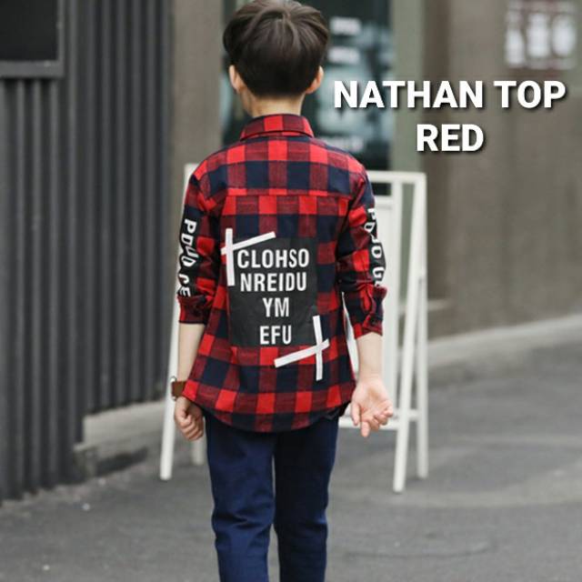 NATHAN TOP RED /KEMEJA LENGAN PANJANG ANAK LAKI LAKI MOTIF KOTAK MERAH / BAJU KOKO ANAK COWOK IMPORT