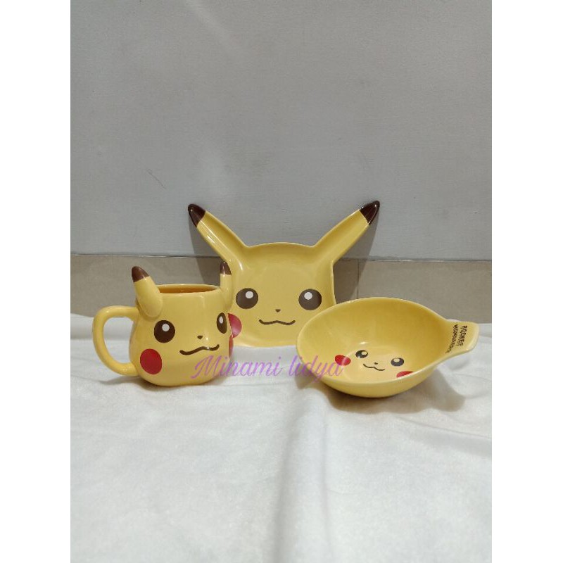 gelas mug pikachu pokemon paket piring kecil dan mangkok