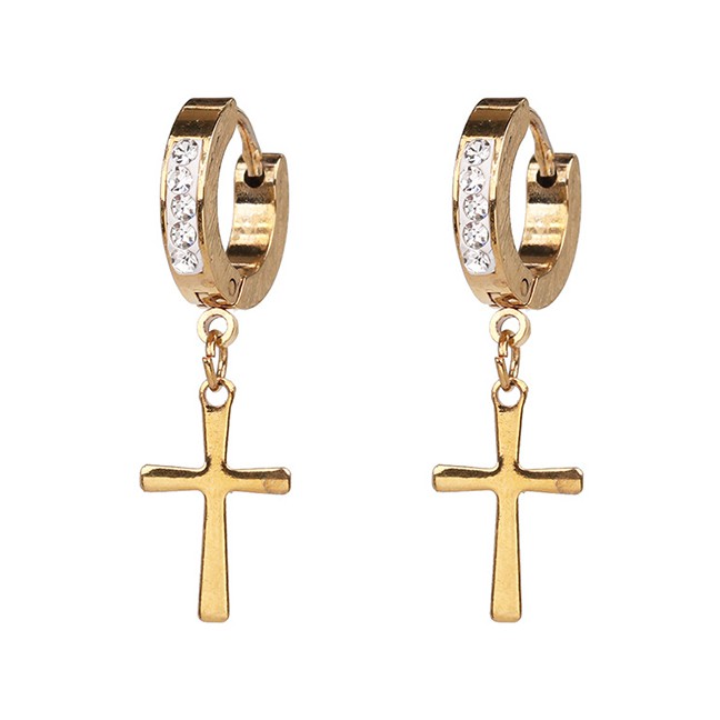 LRC Anting Tusuk Fashion Gold Geometric Circle Cross Stud EarringsF33237