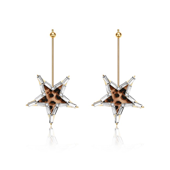 LRC Anting Tusuk Fashion Gold Alloy Leopard Five-pointed Star Stud Earrings F29755