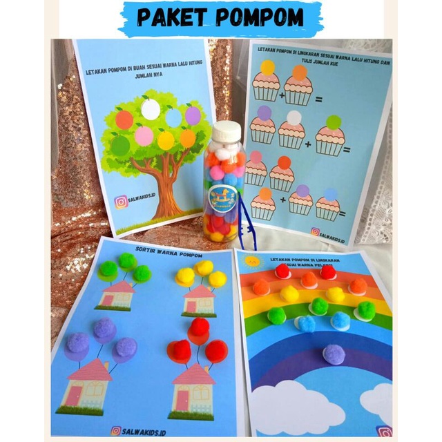 PAKET POMPOM / POMPOM / MAINAN EDUKASI / pompom 60pcs 2,5Cm 8 warna