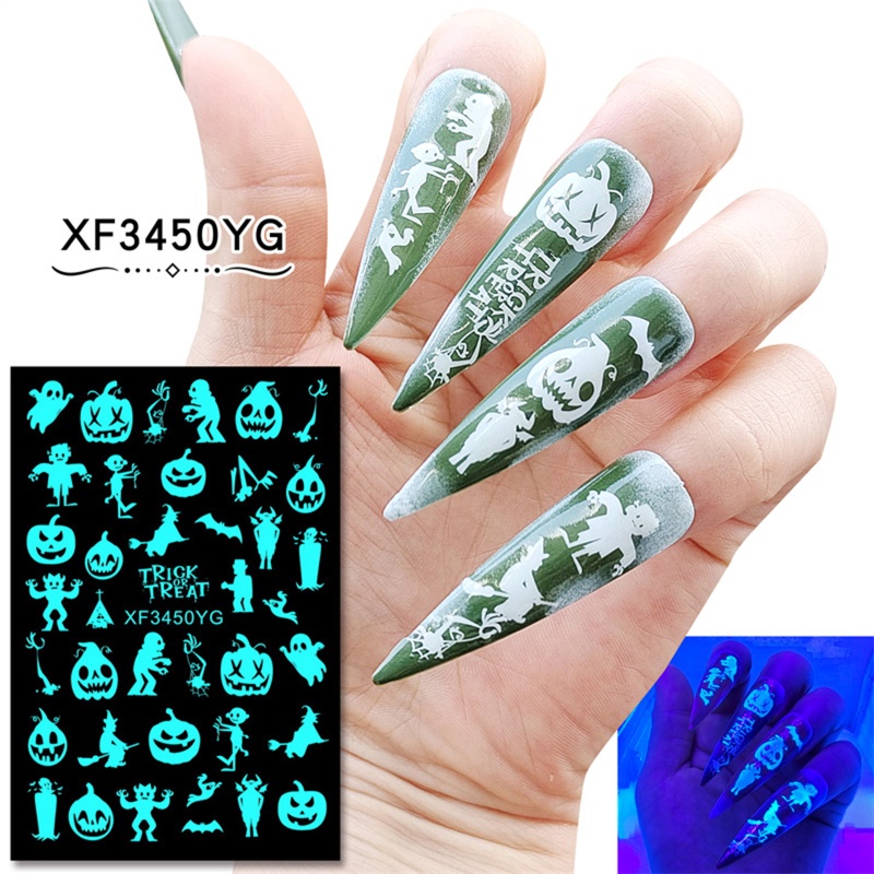 12 Lembar Stiker Kuku Fluorescent Glow In The Dark Untuk Halloween