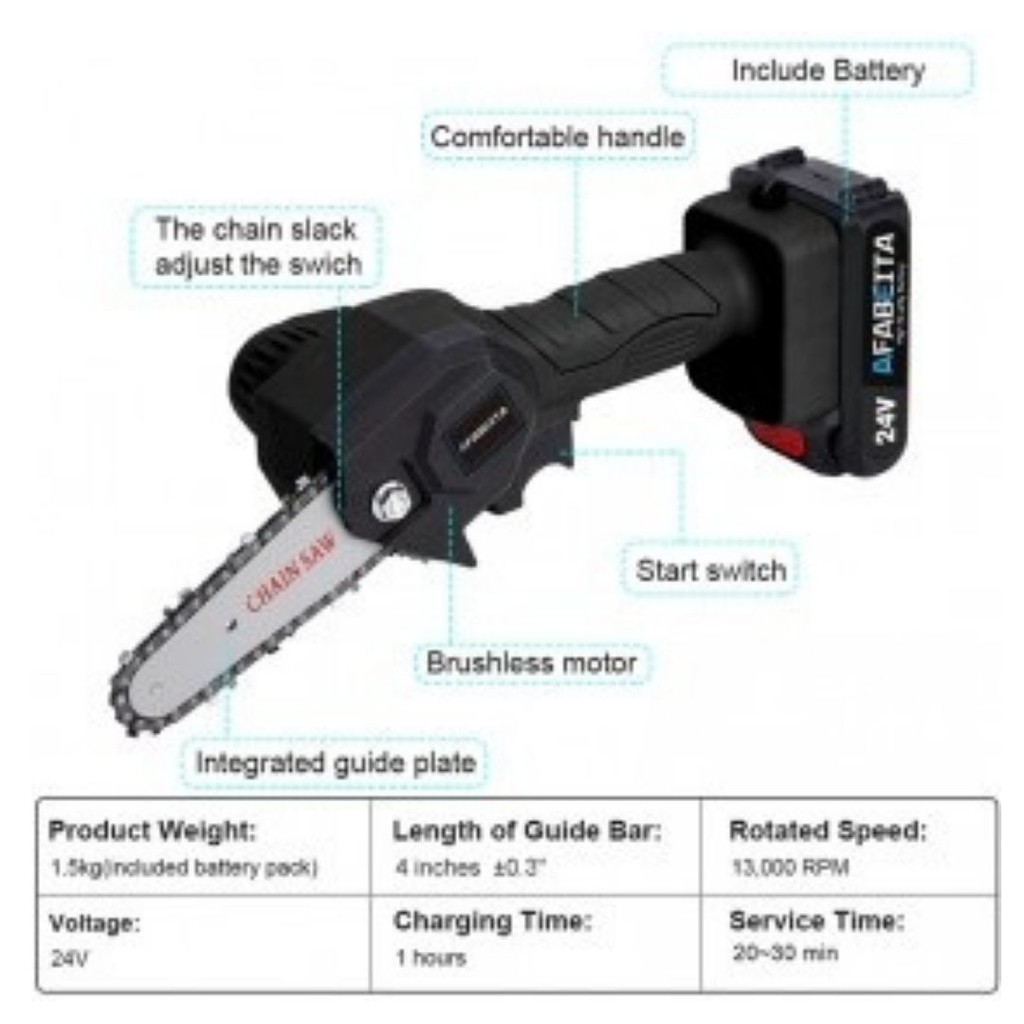 Gergaji Mesin Portabel Cordless Chainsaw Rechargable 24V Tanpa Kabel 111138