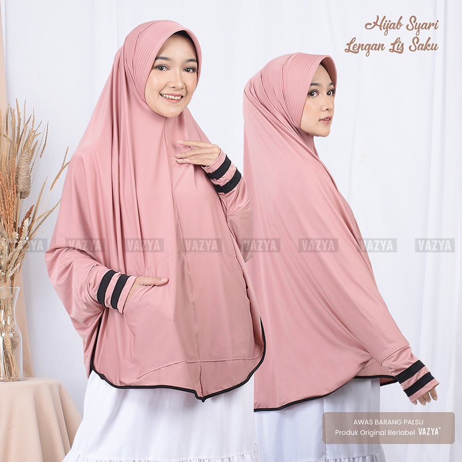 Hijab Syari Lengan Lis Saku Hijab Bergo Lengan Hijab instan syar'i bahan Jersey