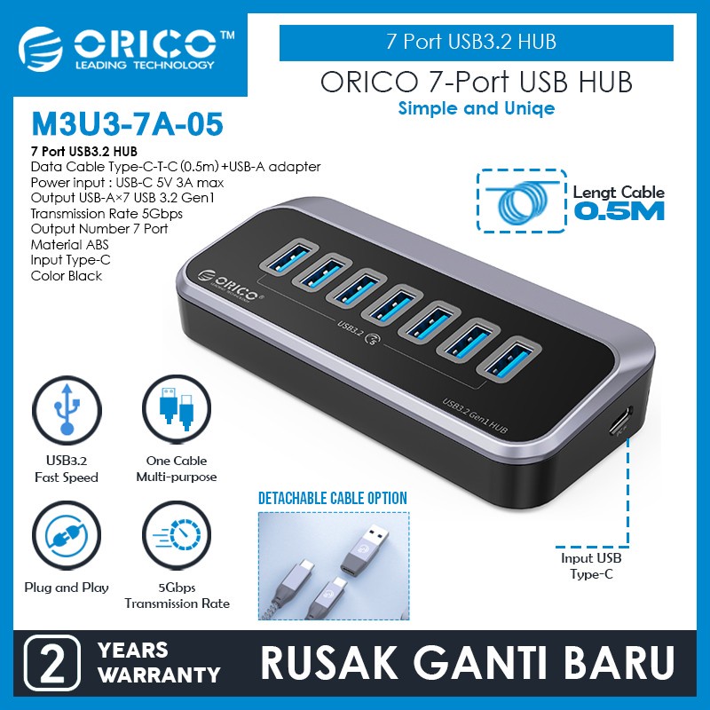 ORICO 7 Port USB3.2 Hub Type C to C USB A 0,5M