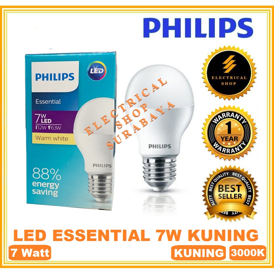 PHILIPS LAMPU LED ESSENTIAL 7W / 7 WATT KUNING (GARANSI 1 TAHUN &amp; HARGA GROSIR) ESS BULB ORI MURAH